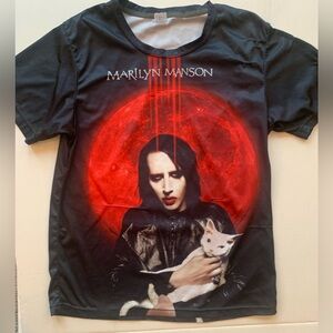 Marilyn Manson Holding White Cat Red Moon Mens Black Shirt Size L
